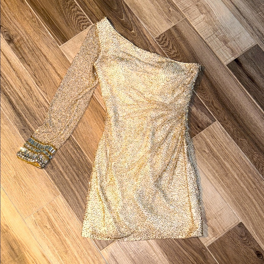Sherri Hill Ivory & Gold One-Shoulder Dress EUC 4 - Picture 2 of 4
